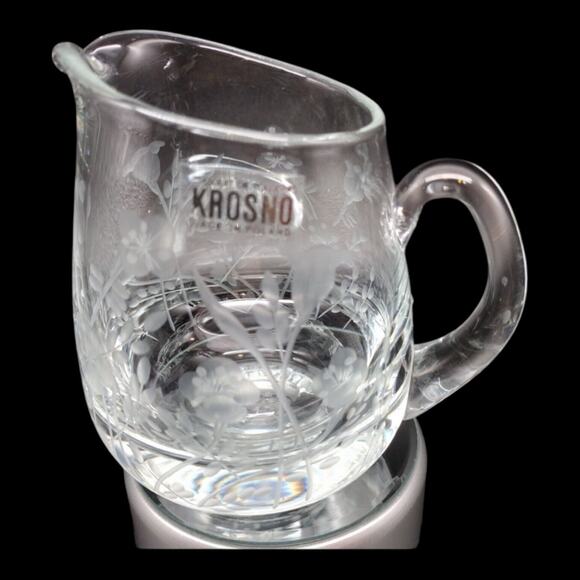 Krosno Hand Blown Etched Glass Creamer Applied Handle Floral Design Poland - Picture 2 of 10